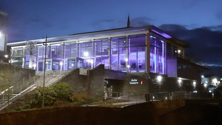 Strule Arts Centre Lit up purple 3