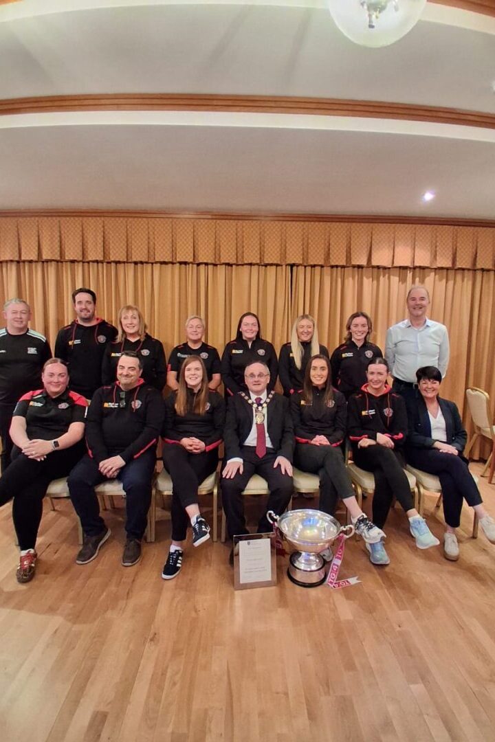 Chair of Fermanagh and Omagh District Council, Cllr Barry McElduff with Tyrone Ladies Team Members, Management and Backroom team members