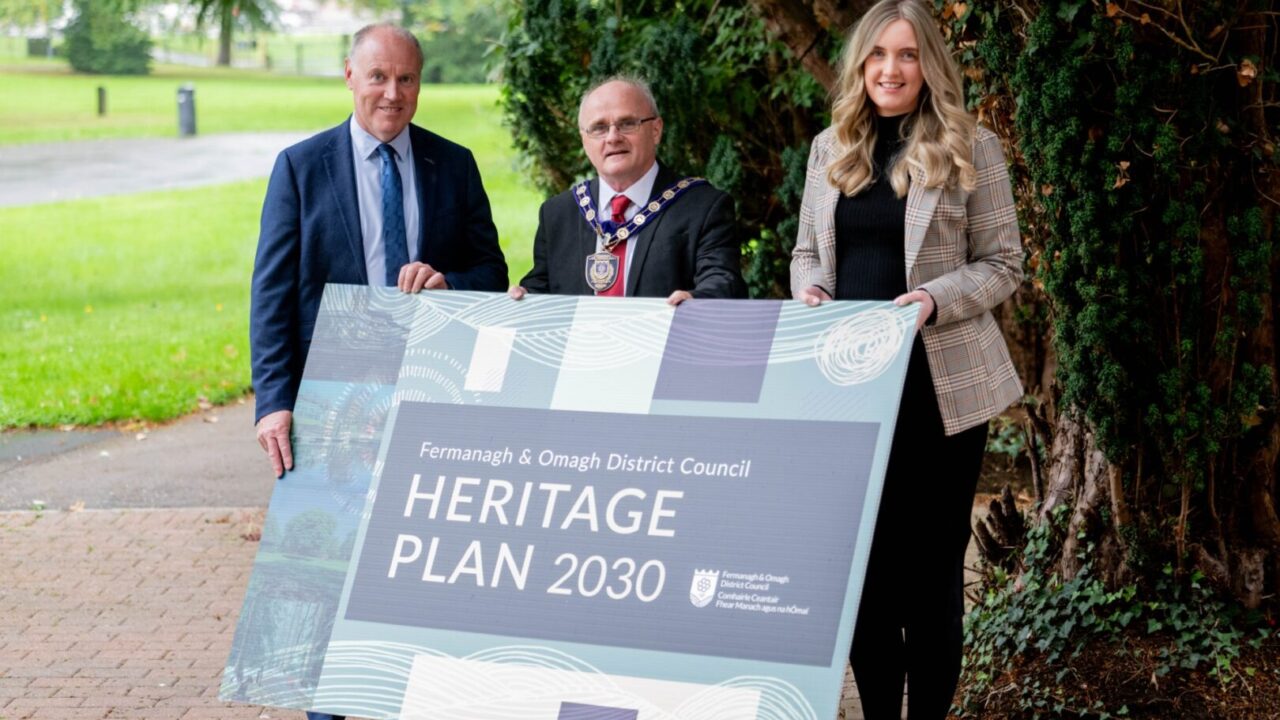 Chair of Fermanagh and Omagh District Council, Councillor Barry McElduff (centre), pictured with, from left to right: John Boyle, Director, and Melissa Birney, Development Officer (Heritage), both of Fermanagh and Omagh District Council, at the official launch of the Heritage Plan 2030