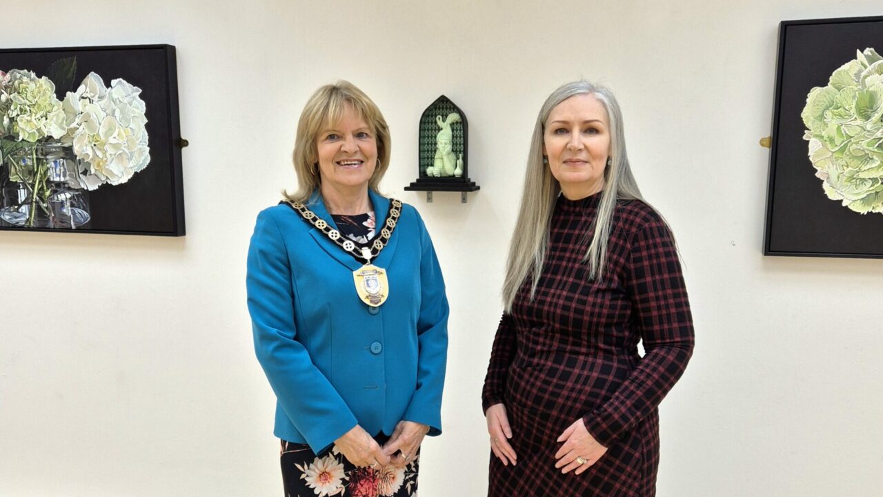 Launch of Absinthe & Absence exhibtion with L-R Councillor Shirley Hawkes, Vice Chairperson of Fermanagh Omagh District Council and artist, Jackie Hudson Lalor.
