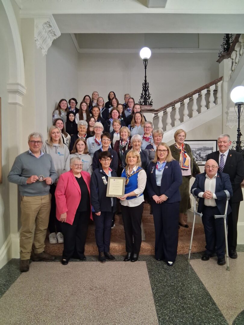 Members of Fermanagh Girl Guiding with Vice Chair Cllr Shirley Hawkes , Cllr's Rosemary Barton, John McClaughry, Paul Robinson and Victor Warrington