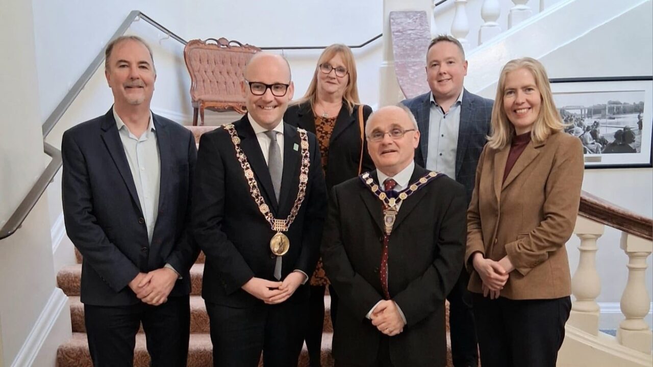 Chair of FODC Barry MCElduff with Dublin Mayor and other Cllrs and CEO of FODC Alison McCullagh