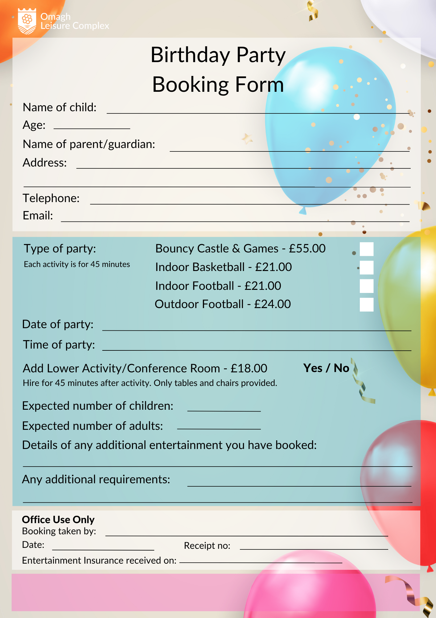 Birthday Party Booking Form 2026 updated July 26